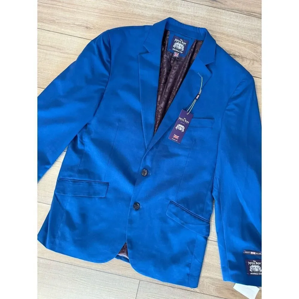 wedding‎ The Savile Row Brit Slim Fit Coat Jacket Mens 40 R Blue 2 Button Blazer